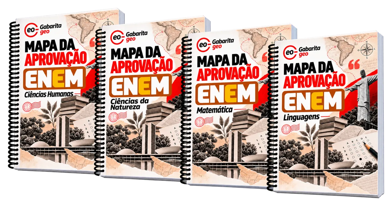 Coleção dos 4 cadernos Mapa da Aprovação ENEM do GabaritaGeo: Ciências Humanas, Ciências da Natureza, Matemática e Linguagens