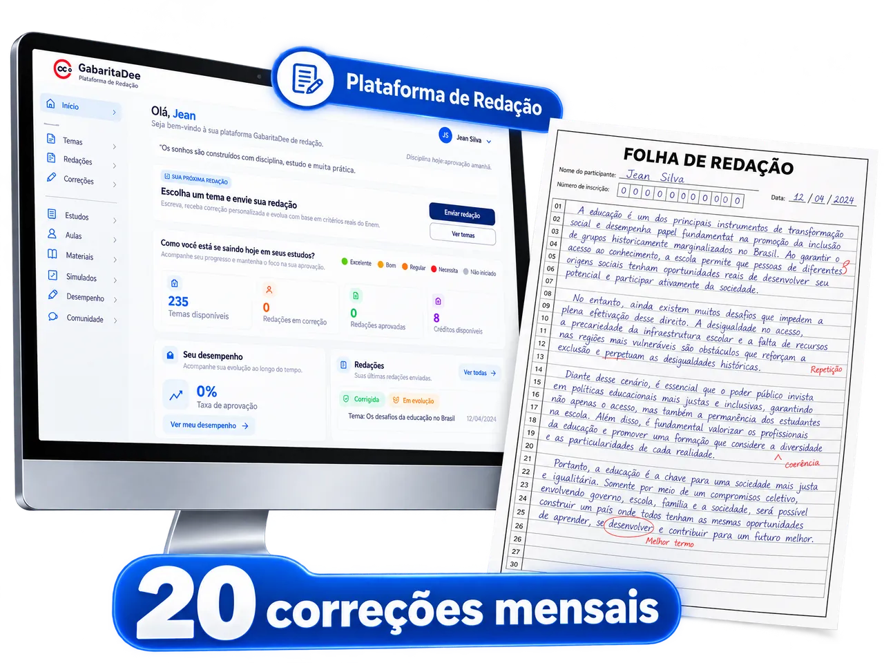 Plataforma de redação do GabaritaGeo com 20 correções mensais